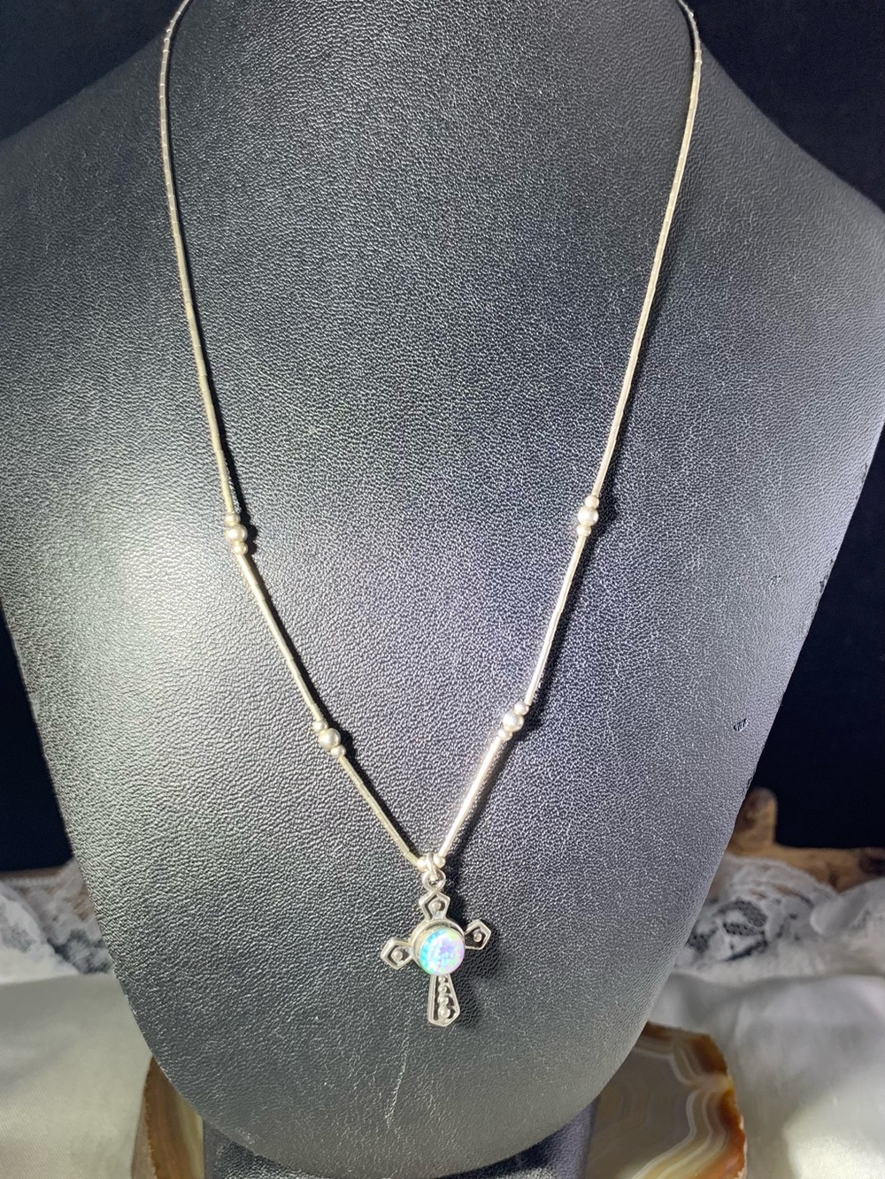 Vintage Sterling Silver Opal Cross Liquid Silver Chocker Necklace -